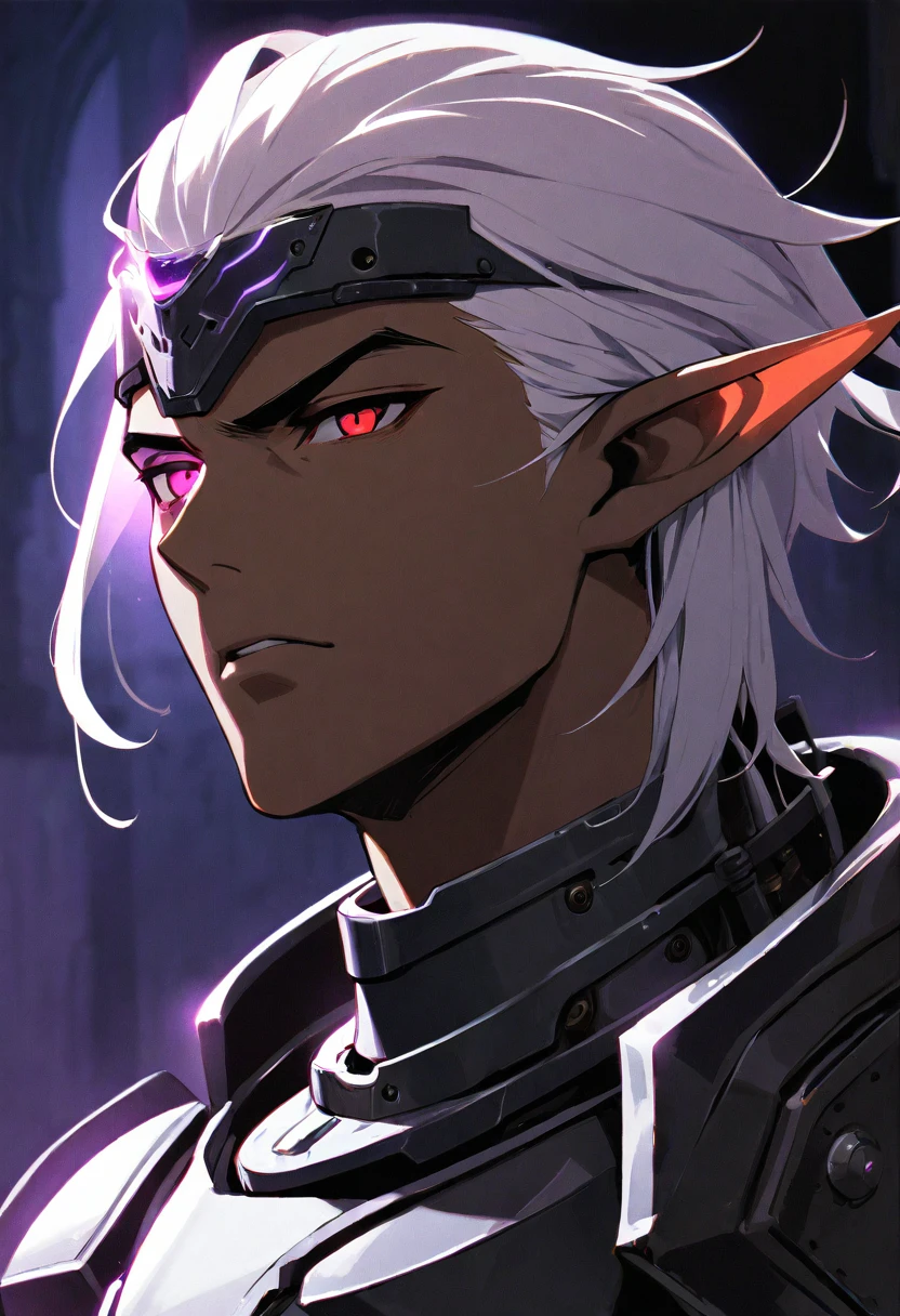 masterpiece, best quality, ultra high res, dark theme, 1boy, (dungeonpunk armor), (mechanical steampunk armor), (wearing armor), fantasy illustration, dark skinned, human, upper body, portrait, red eyes, long white hair, half-drow, pointy ears, serious face, young man, dramatic lighting, purple hue, art by Kinema Citrus