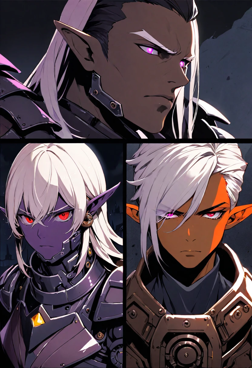 masterpiece, best quality, ultra high res, dark theme, 1boy, (dungeonpunk armor), (mechanical steampunk armor), (wearing armor), fantasy illustration, dark skinned, human, upper body, portrait, red eyes, long white hair, half-drow, pointy ears, serious face, young man, dramatic lighting, purple hue, art by Kinema Citrus