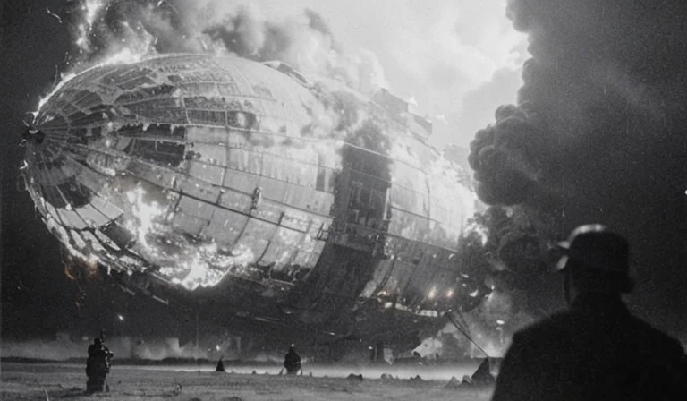 a dramatic scene of the Hindenburg airship bursting into flames, with fiery red and yellow flames engulfing the airship, ground crew running in panic, highly detailed, cinematic, photorealistic, 8k, masterpiece, realistic lighting, dramatic colors