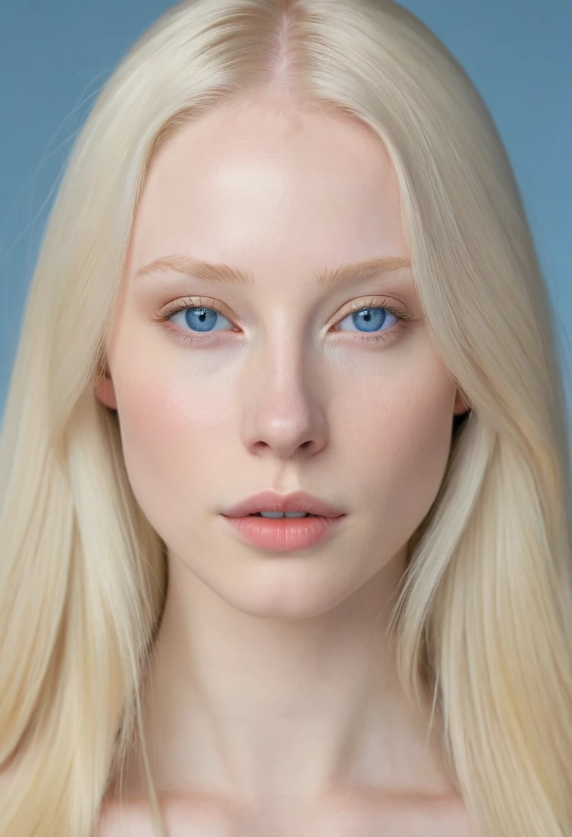 Extremely light albino woman, young, adult, neoteny, blue eyes, angelic face, fine features, thin nose, symmetrical face, small nose, perfect face, tenderness, smooth skin, perfect skin, very long light blonde hair,hyper realistic,centered front face, looking straight ahead,mouth shut