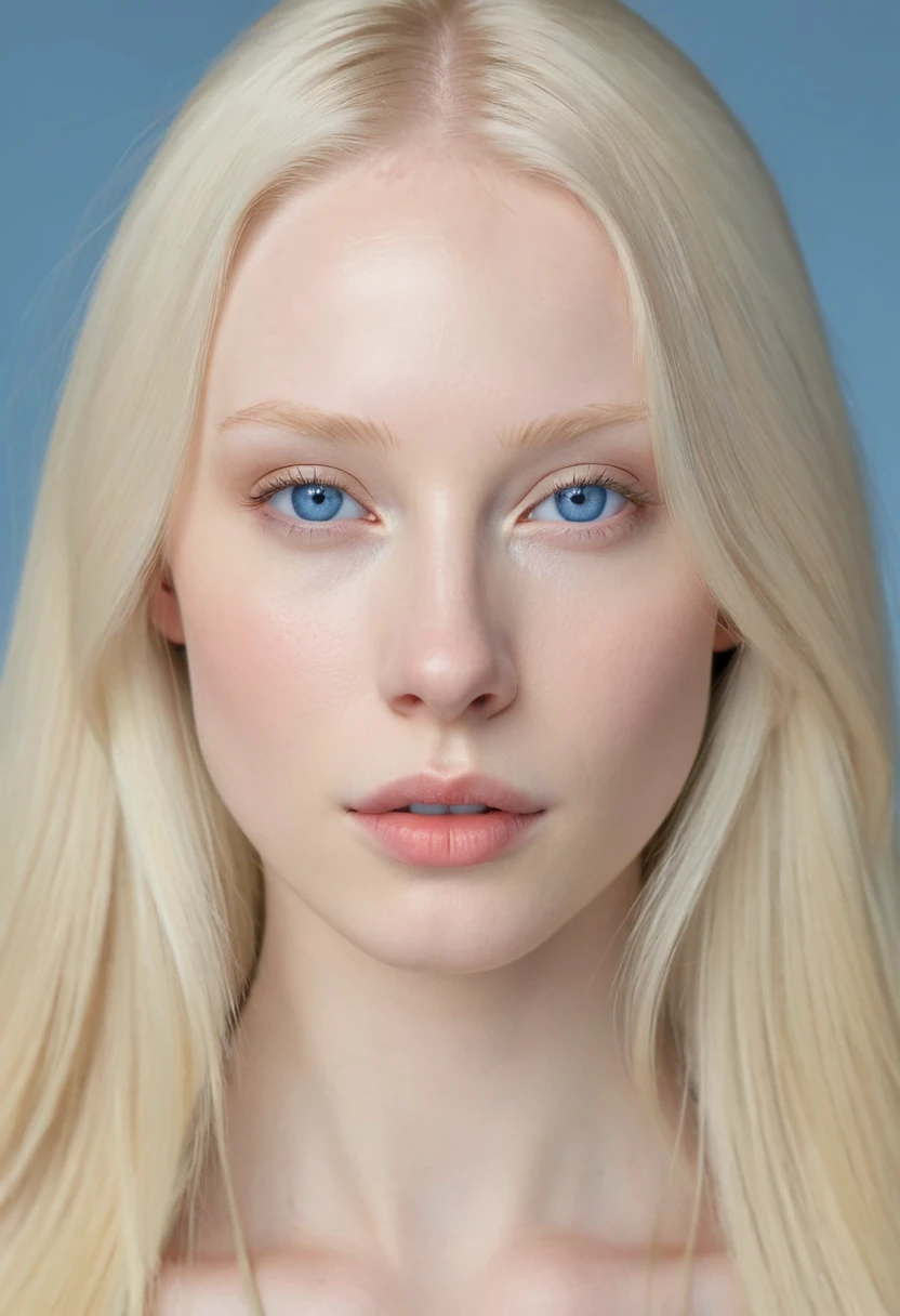 Extremely light albino woman, young, adult, neoteny, blue eyes, angelic face, fine features, thin nose, symmetrical face, small nose, perfect face, tenderness, smooth skin, perfect skin, very long light blonde hair,hyper realistic,centered front face, looking straight ahead,mouth shut