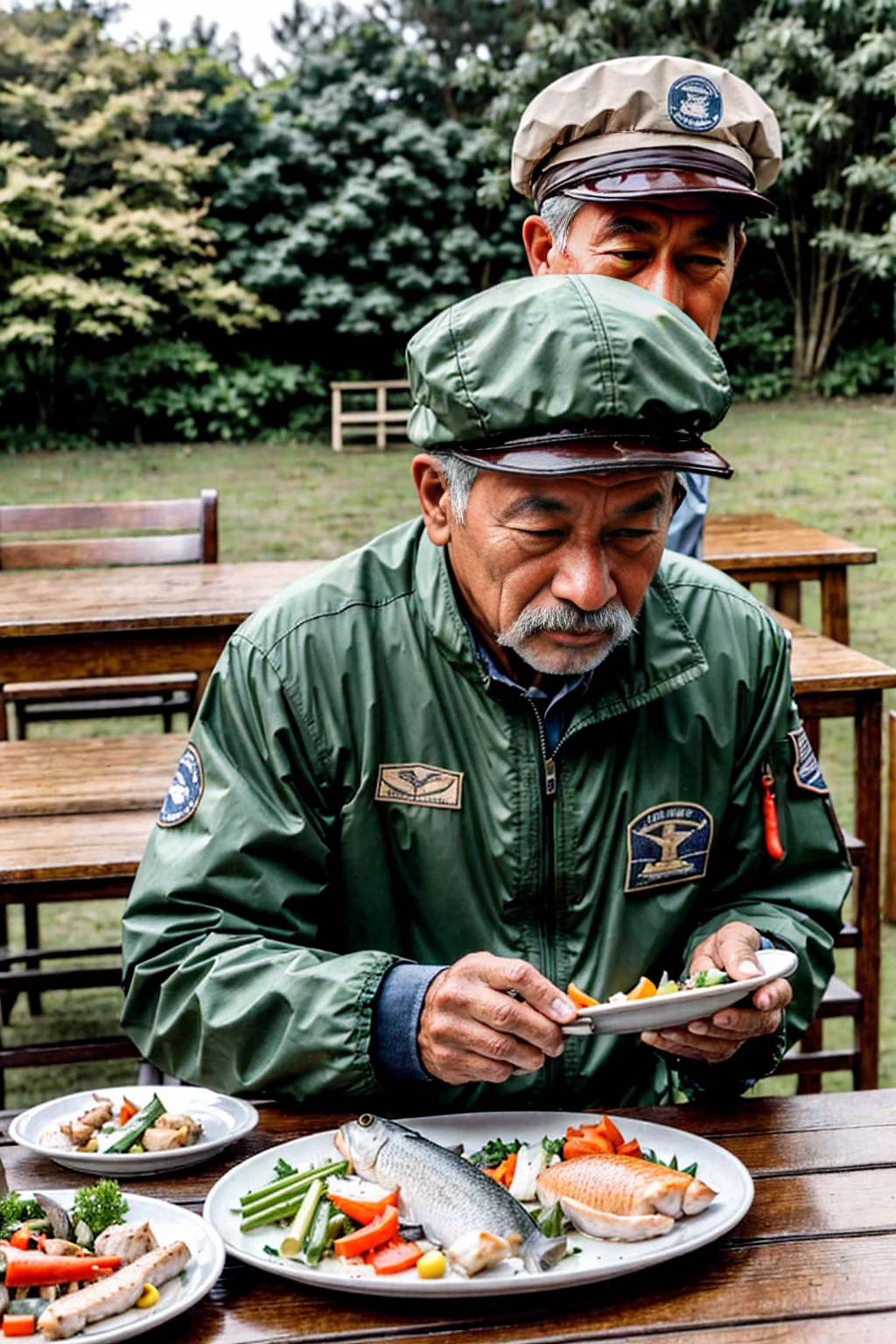 A man wearing an old-fashioned "aviation cap",Wearing outdoor clothing,Sitting at the table, looking sideways into the distance, thoughtfully(Outdoor play scene)。Chicken, fish, and several dishes of vegetables were placed on the table.