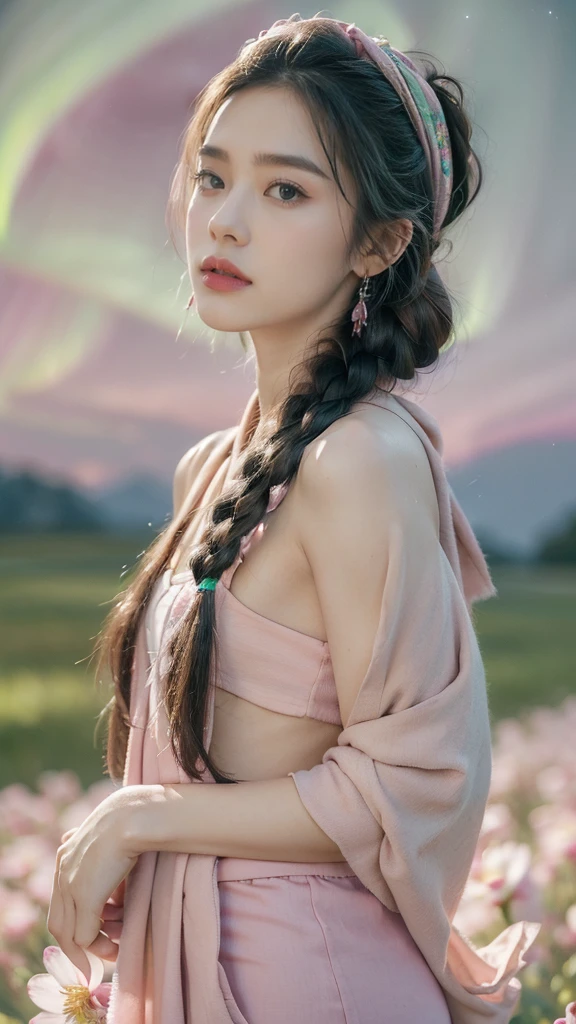 (Extremely detailed CG),(((8K))),wallpaper,((Extremely exquisite and beautiful)),(((masterpiece))),(((Best quality))),(((Ultra-high resolution))),Beautiful light,Realistic shadows,(Smooth and flawless fair skin:1.5),(Extremely delicate facial details:1.2),(Extremely detailed:1.5),((Beautiful Uighur girl,Solitary)),(Pink headscarf:1.3),(Short braids:1.2),(Small head:1.2),(Thin face:1.2),(Exquisite makeup:1.3),(Happy:1.2),(lol:1.2),(Jasmark on the face:1.3),(Perfect body:1.1),(Long magenta robe:1.3),(Small Breasts:1.2),(flat chest:1.2),(Pants:1.3),((Slim,Thin)),(From the front:1.3),(permanent:1.3),(Put your hands behind your back:1.2),(On the green meadow with blooming flowers:1.5),(Many colors:1.5),(Cattle and Sheep:1.2),(Coniferous forest:1.2),(Snow-capped mountains in the distance:1.2),(Pink sky:1.2),(Detailed background:1.3),(outdoor:1.3),(early summer:1.3),(Night view:1.5),(Magenta Aurora:1.3),(Upper Body:1.3)