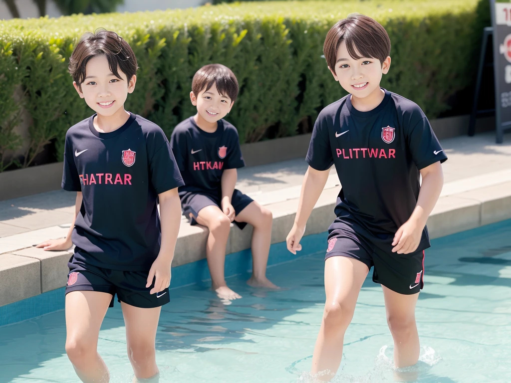 夏休みのprimary school校、Pool、primary school５Grade、Japan Boy、Glowing water splashes、A good boy dripping with water、hot day、Two Boys、Various poses、Short sleeve gym uniform、Blue shorts、physical education、barefoot，（Boy 1.4）、Boys only 、(１０Age 1.４)