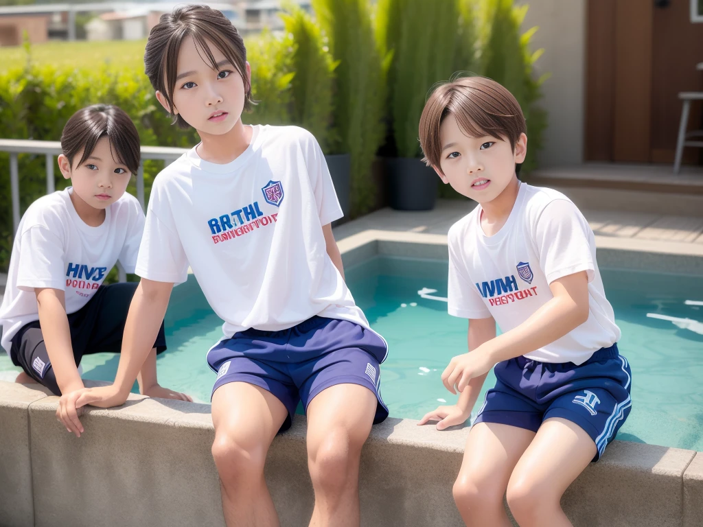 夏休みのprimary school校、Pool、primary school5Grade、Japan Boy、Glowing water splashes、A good boy dripping with water、hot day、Two Boys、Various poses、Short sleeve gym uniform、Blue shorts、physical education、barefoot,(Boy 1.4)、Boys only 、(10Age 1.4)