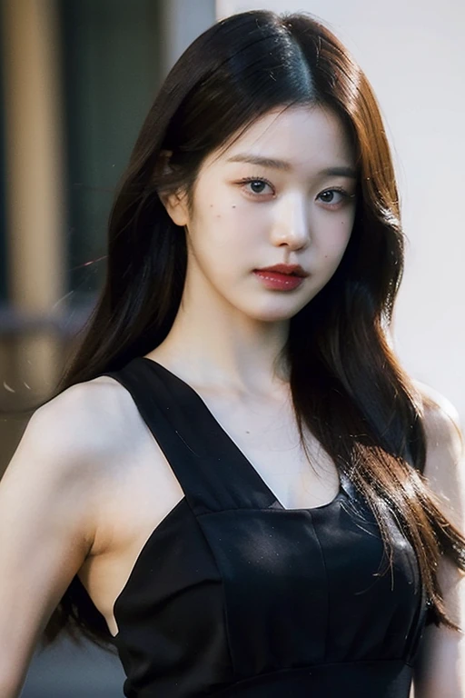 Best Quality, Masterpiece, ultra high resolution, (photorealistic:1.4), photo and gross, 1 girl, exterior, close up, looking at the viewer, black dress, sleeveless,wide, blonde sullyoon