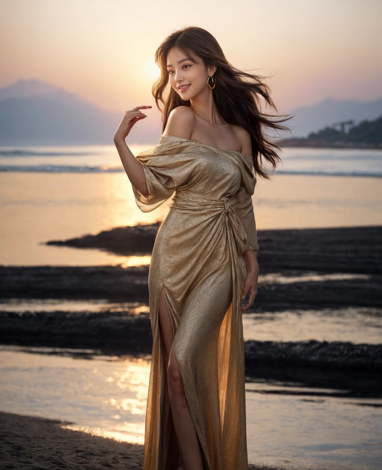 Alafed woman in yellow dress standing on the beach, Flowing gown, fantasy long intricate gown, A flowing dress, ethereal beauty, sexy gown, dressed beautiful gown, jaw-dropping beauty, Flowing yellow dress, full pose, Beautiful Gowns, jen zee, jaw dropping beauty, wearing flowing dress, stunning elegant, Full length view, Yellow gown, translucent dress
