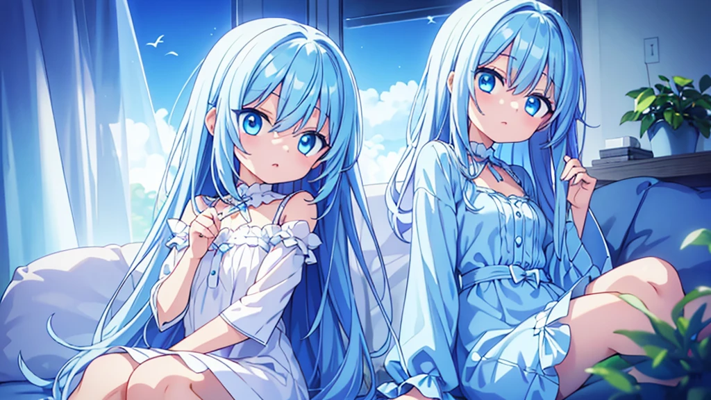 Light blue hair、Light blue eyes、Long Hair、cute、Sitting on the couch、laugh、Wearing a white dress、alone、Looking at me