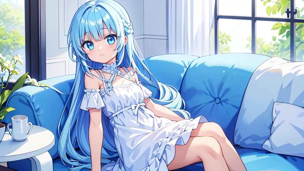 Light blue hair、Light blue eyes、Long Hair、cute、Sitting on the couch、laugh、Wearing a white dress、alone、Looking at me