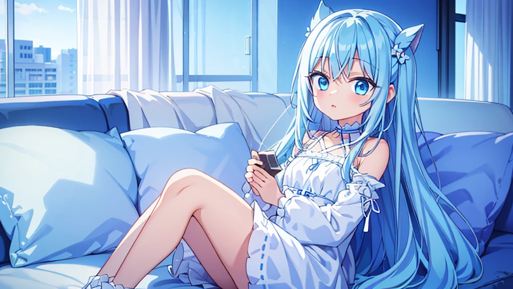 Light blue hair、Light blue eyes、Long Hair、cute、Sitting on the couch、laugh、Wearing a white dress、alone、Looking at me