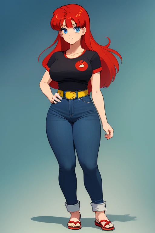 (ranma chan) (ranma saotome)(1solo)(1girl)((Solo)) ((Masterpiece)) ((High Quality)) (slim thick)((Perfect Face)) ((Huge Breasts)) ((Wide Hips)) ((Narrow Waist)) ((Beautiful)) ((Redhead)) ((Long Hair)) ((Light Skin)) ((Cute Nose)) ((BLue Eyes)) ((Young)) ((Transparent Tee Shirt)) ((Jeans))