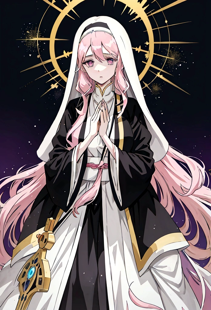 anime styling, best qualityer, pale white woman, Very Long Pastel Pink Hair, some wavy locks, bangss, purples eyes, nun, dressed in royal clothes in black and white tones full of golden details, body covered. She is praying with a serious expression on her face. The background must be illuminated by a holy light, with light particles floating in the air, to create a serene and spiritual environment. Medieval RPG theme.