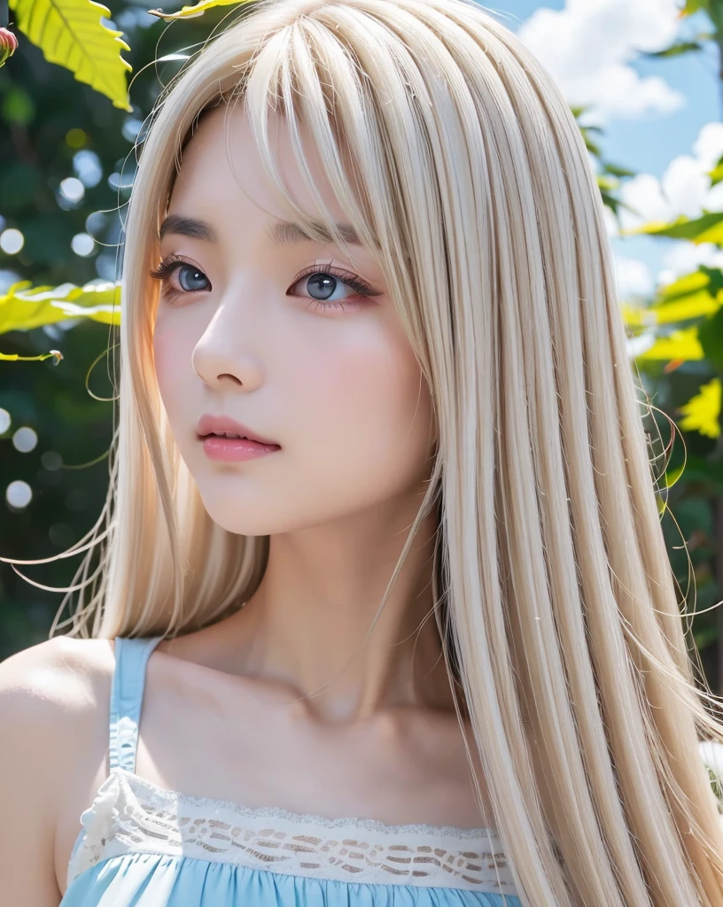 (Highest quality, 32k, High resolution, Masterpiece:1.5, ), marimo_jet, god々A photograph with brilliant dazzling and healing power., Evoking a sense of calm and elusive beauty, Expressing emotions, Have a rich imagination,Beautiful Japanese Girls, An exceptionally beautiful face, ((Shooting from the side:1.4)), Small Face Beauty, Perfect Human Anatomy, Magical big eyes, Motherhood and generosity, Deep Love, A fleeting smile, ((Shiny ash beige hair:1.4)), Super Long Straight Silk Hair, Asymmetrical bangs, Hair between the eyes, Transparent, soft white skin, Sharp eyebrows, Thin lashes, Natural Makeup, Cheek highlighter, Pale pink detailed lips, ((Light blue inner camisole:1.3)), High resolutionの完璧な鎖骨, High resolutionの美しい胸元, Slim figure with ample breasts, High resolutionの美しい太もも, ((Detailed blue sky and clouds in summer:1.2)), ((Beautiful Hibiscus:1.3)), Professional Lighting, Professional photographer, Professional models, god秘的