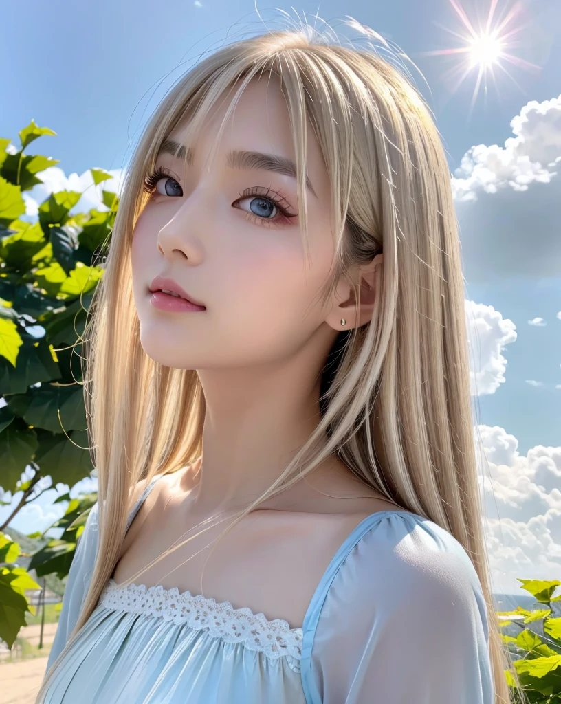(Highest quality, 32k, High resolution, Masterpiece:1.5, ), marimo_jet, god々A photograph with brilliant dazzling and healing power., Evoking a sense of calm and elusive beauty, Expressing emotions, Have a rich imagination,Beautiful Japanese Girls, An exceptionally beautiful face, ((Shooting from the side:1.4)), Small Face Beauty, Perfect Human Anatomy, Magical big eyes, Motherhood and generosity, Deep Love, A fleeting smile, ((Shiny ash beige hair:1.4)), Super Long Straight Silk Hair, Asymmetrical bangs, Hair between the eyes, Transparent, soft white skin, Sharp eyebrows, Thin lashes, Natural Makeup, Cheek highlighter, Pale pink detailed lips, ((Light blue inner camisole:1.3)), High resolutionの完璧な鎖骨, High resolutionの美しい胸元, Slim figure with ample breasts, High resolutionの美しい太もも, ((Detailed blue sky and clouds in summer:1.2)), ((Beautiful Hibiscus:1.3)), Professional Lighting, Professional photographer, Professional models, god秘的