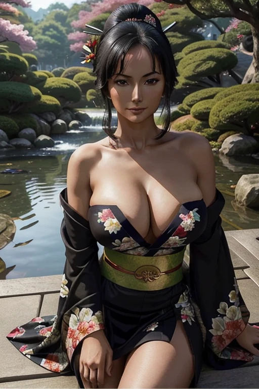(masterpiece), best quality, expressive eyes, perfect face, front lighting, (outside japanese garden background), (posing), (smirk), (cleavage view), (1girl, milf, nico robin, latina, dark skin, long black hair with bangs, ponytail bun with hairbow hairstyle, brown eyes, hourglass figure, skinny body, thin body, petite_body, large breasts, huge breasts, oppai, large cleavage, wide hips, thick thighs), (geisha, geisha outfit, black kimono, floral pattern, long sleeves, strapless, collarbone, exposed cleavage, sash, obi),