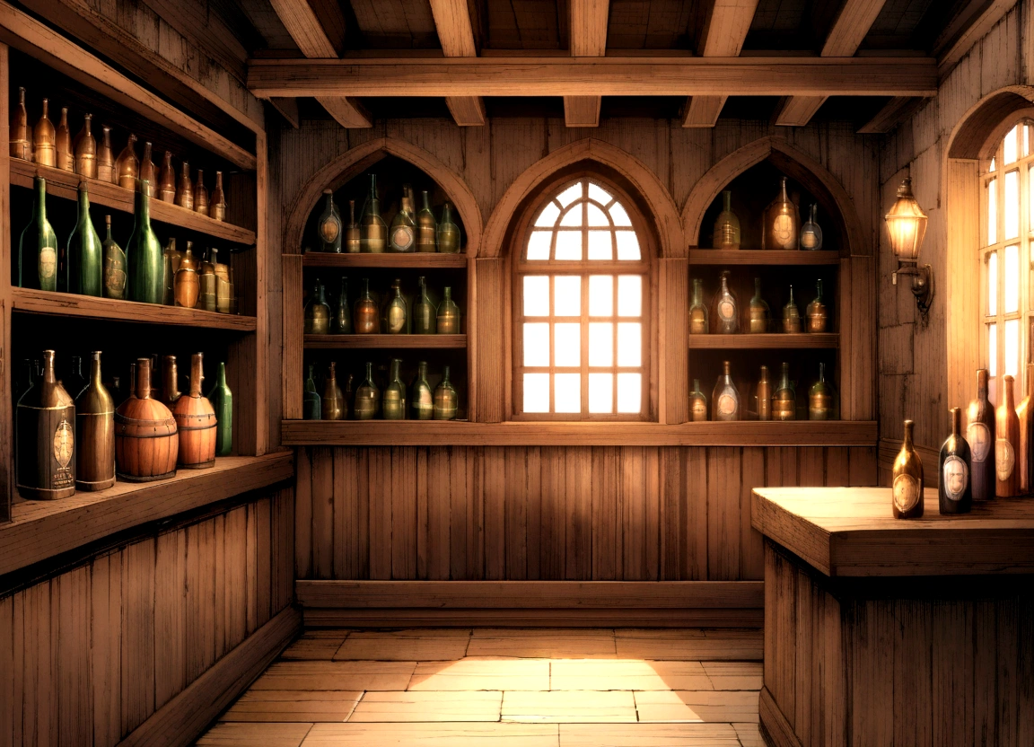 old English pub interior, rough tiled walls, wooden floor, large window with sea view shelves with bottles, cobwebs in corners