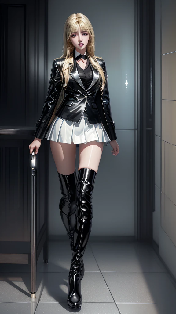 (8k, RAW photo, photorealistic:1.25) ,( lipgloss, eyelashes, gloss-face, glossy skin, best quality, ultra highres, depth of field, chromatic aberration, caustics, Broad lighting, natural shading, knee boots,short skirt,blazer suit,blonde hari) standing ,whole body