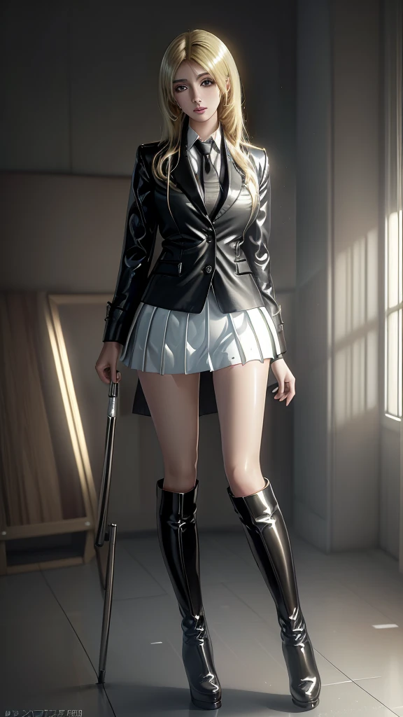 (8k, RAW photo, photorealistic:1.25) ,( lipgloss, eyelashes, gloss-face, glossy skin, best quality, ultra highres, depth of field, chromatic aberration, caustics, Broad lighting, natural shading, knee boots,short skirt,blazer suit,blonde hari) standing ,whole body