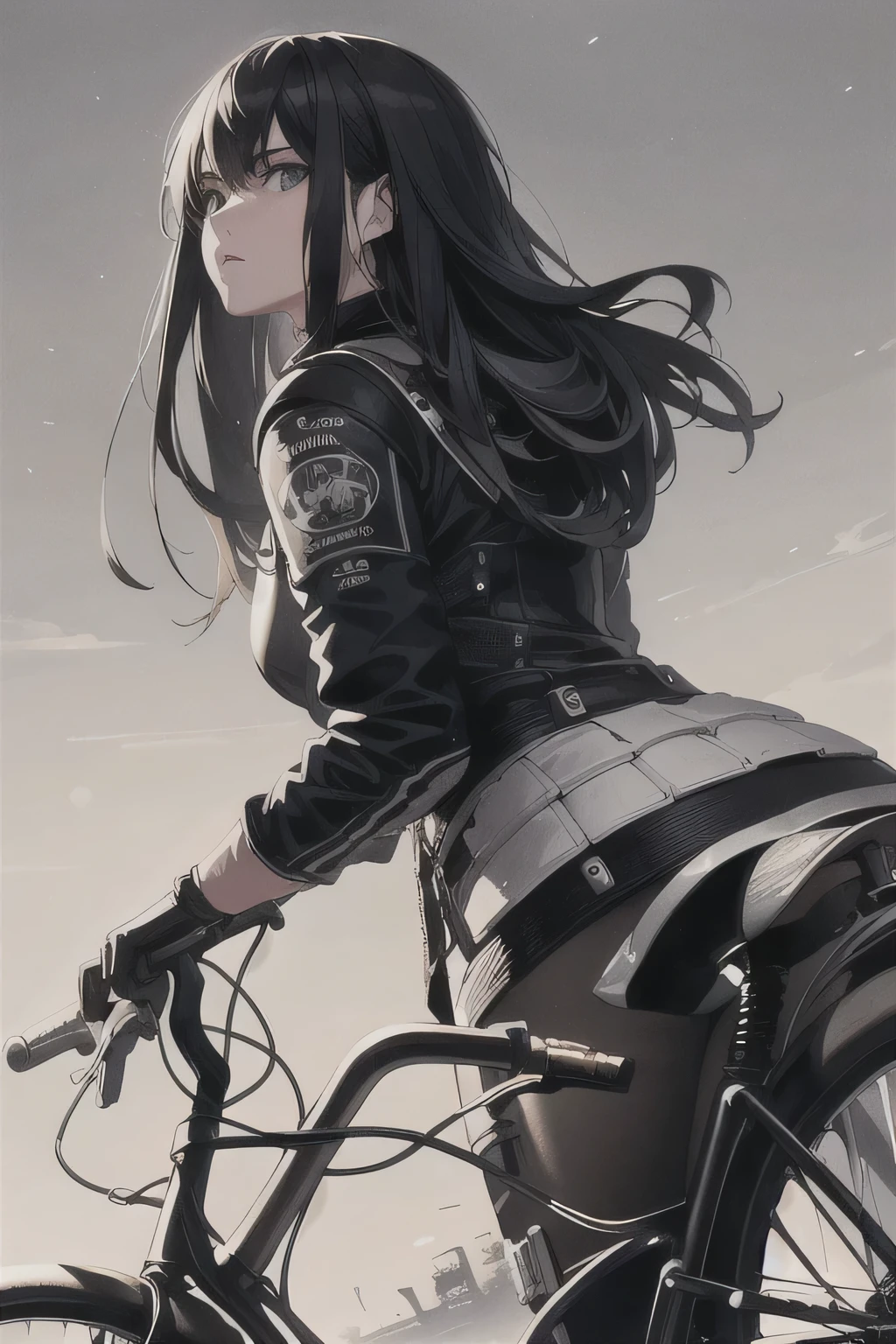 Highest quality, masterpiece, photograph, 4K, photographrealistic, Very detailed,
One girl riding a bike, Techwear, Cyberpunk City, alone, Futuristic, Huge moon in the background, Black and White, Akira Toriyama, close,