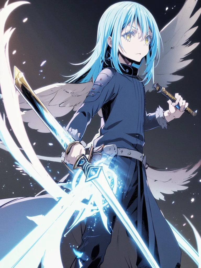 a demon winged Rimuru, exquisitely detailed, masterfully wielding a sword emerging from a portal, ultra-detailed, vibrant colors, chiaroscuro lighting, cinematic composition, dramatic atmosphere, dark fantasy, epic fantasy art