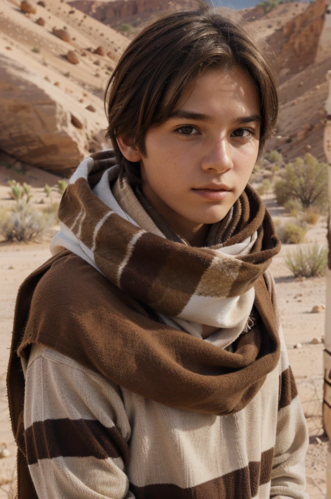 15 year old male character with brown hair, brown eyes and wearing a scarf wearing desert clothes mixed with brown and white