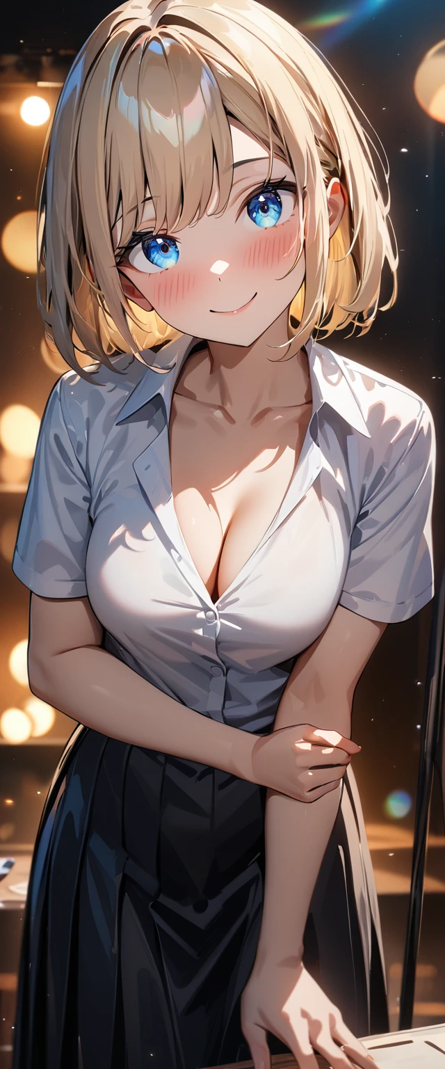 (((One girl))), blond hair, bob cut, (cowboy shot), (looking at viewer), face in focus, breasts, ager, head tilt:1.3, (((blue eye))), ((happy smile)), ((full face blush)), school summer uniform, white shirts, black tie, black skirt, cleavage, anime style, (best quality, 4k, 8k, highres, masterpiece:1.2, ultra-detailed, ultra-detailed eyes, HDR, UHD, studio lighting, ultra-fine painting, sharp focus, physically-based rendering, extreme detail description, professional, vivid colors, bokeh)