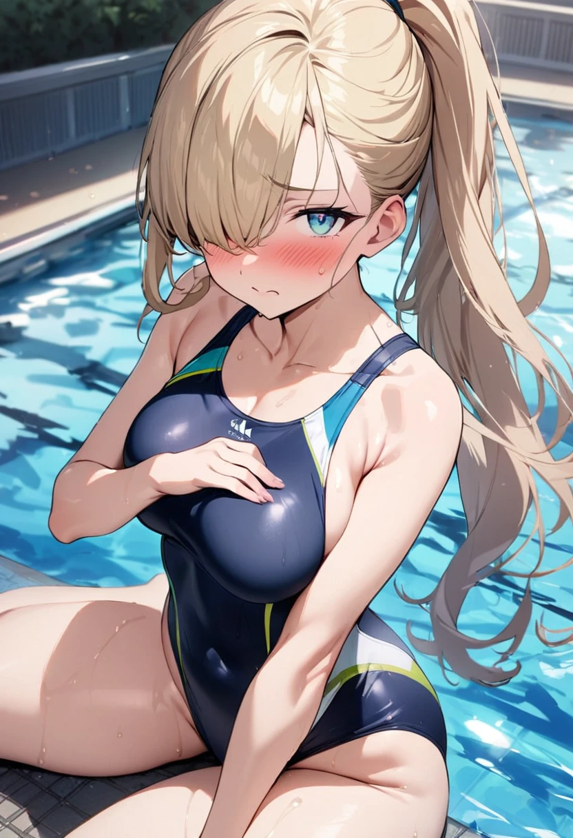 1 girls, Ogata kanna, masterpiece, best quality, high quality, beautiful, swimming pool, a girl, shy, embarrassed, sitting on the floor, legs spread, looking at viewer, long hair, ponytail, hair over one eye, blonde, blue eyes, eyes open, slant eyes, fair skin, glamorous, voluptuous, curvy, toned body, beautiful breasts, competition swimsuit, blush, with fox ears, 20-year-old, white background, cowboy shot, ground-level shot