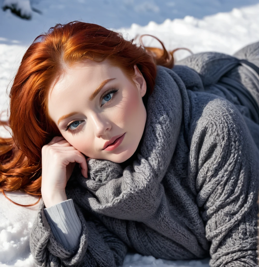 Cold season, winter.. redhead woman lying down in elegant cold weather clothes