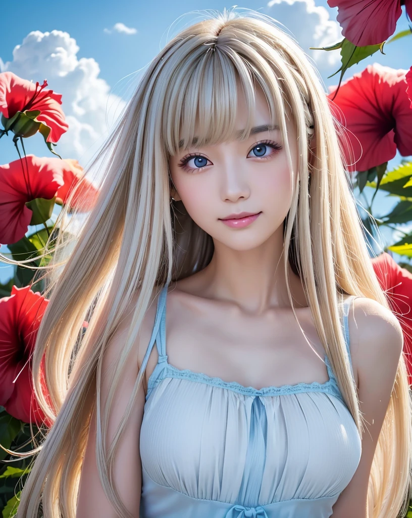 (Highest quality, 32k, High resolution, Masterpiece:1.5, ), marimo_jet, god々A photograph with brilliant dazzling and healing power., Evoking a sense of calm and elusive beauty, Expressing emotions, Have a rich imagination,Beautiful Japanese Girls, An exceptionally beautiful face, ((Full body shot:1.4)), Small Face Beauty, Perfect Human Anatomy, Magical big eyes, Motherhood and generosity, Deep Love, A fleeting smile, ((Shiny ash beige hair:1.4)), Super Long Straight Silk Hair, Asymmetrical bangs, Hair between the eyes, Transparent, soft white skin, Sharp eyebrows, Thin lashes, Natural Makeup, Cheek highlighter, Pale pink detailed lips, ((Light blue inner camisole:1.3)), High resolutionの完璧な鎖骨, High resolutionの美しい胸元, Slim figure with ample breasts, High resolutionの美しい太もも, ((Detailed blue sky and clouds in summer:1.2)), ((Beautiful Hibiscus:1.3)), Professional Lighting, Professional photographer, Professional models, god秘的