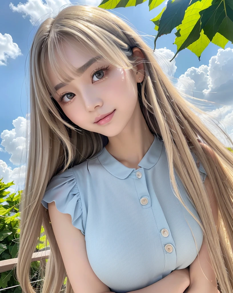 (Highest quality, 32k, High resolution, Masterpiece:1.5, ), marimo_jet, god々A photograph with brilliant dazzling and healing power., Evoking a sense of calm and elusive beauty, Expressing emotions, Have a rich imagination,Beautiful Japanese Girls, An exceptionally beautiful face, ((Full body shot:1.4)), Small Face Beauty, Perfect Human Anatomy, Magical big eyes, Motherhood and generosity, Deep Love, A fleeting smile, ((Shiny ash beige hair:1.4)), Super Long Straight Silk Hair, Asymmetrical bangs, Hair between the eyes, Transparent, soft white skin, Sharp eyebrows, Thin lashes, Natural Makeup, Cheek highlighter, Pale pink detailed lips, ((Light blue inner camisole:1.3)), High resolutionの完璧な鎖骨, High resolutionの美しい胸元, Slim figure with ample breasts, High resolutionの美しい太もも, ((Detailed blue sky and clouds in summer:1.2)), ((Beautiful Hibiscus:1.3)), Professional Lighting, Professional photographer, Professional models, god秘的