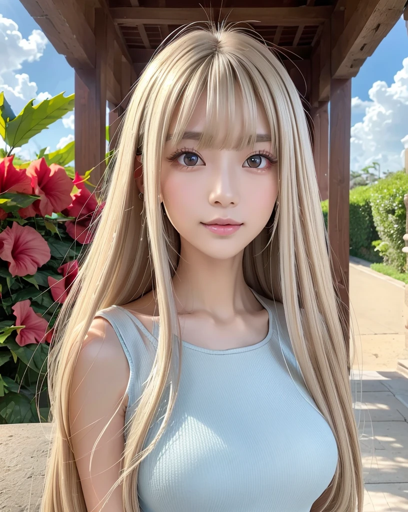 (Highest quality, 32k, High resolution, Masterpiece:1.5, ), marimo_jet, god々A photograph with brilliant dazzling and healing power., Evoking a sense of calm and elusive beauty, Expressing emotions, Have a rich imagination,Beautiful Japanese Girls, An exceptionally beautiful face, ((Full body shot:1.4)), Small Face Beauty, Perfect Human Anatomy, Magical big eyes, Motherhood and generosity, Deep Love, A fleeting smile, ((Shiny ash beige hair:1.4)), Super Long Straight Silk Hair, Asymmetrical bangs, Hair between the eyes, Transparent, soft white skin, Sharp eyebrows, Thin lashes, Natural Makeup, Cheek highlighter, Pale pink detailed lips, ((Light blue inner camisole:1.3)), High resolutionの完璧な鎖骨, High resolutionの美しい胸元, Slim figure with ample breasts, High resolutionの美しい太もも, ((Detailed blue sky and clouds in summer:1.2)), ((Beautiful Hibiscus:1.3)), Professional Lighting, Professional photographer, Professional models, god秘的
