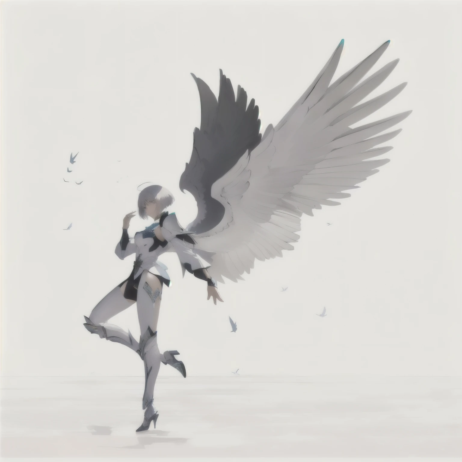 arafed image of a man With wings in a pose, With wings的 human, 3 / 4 view of woman With wings, With wings. Extremely detailed, Happy woman, Winged Armor Horn, young Happy-girl, epic angle and pose, Majestic Angel, Happy, With wings的, Tall male angel, ( Very detailed graphics )man，short hair