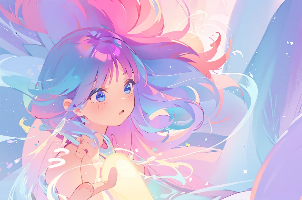 beautiful anime girl, portrait, vibrant pastel colors, (colorful), magical lights, long flowing colorful hair, inspired by Glen Keane, inspired by Lois van Baarle, disney art style, by Lois van Baarle, glowing aura around her, by Glen Keane, jen bartel, glowing lights! digital painting, flowing glowing hair, glowing flowing hair, beautiful digital illustration, fantasia background, whimsical, magical, fantasy, beautiful face, ((masterpiece, best quality)), intricate details, highly detailed, sharp focus, 8k resolution, sparkling detailed eyes, liquid watercolor
