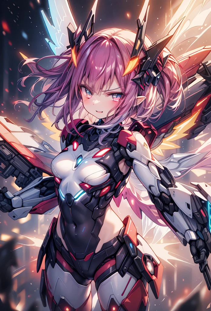 (masterpiece:1.2), best quality, high resolution, extremely detailed CG, absurdres, highres, 1girl, mecha girl, colorful light particles arounded, glitter, glowing wings, (((vivid color))), angry, smile, Colorful portraits