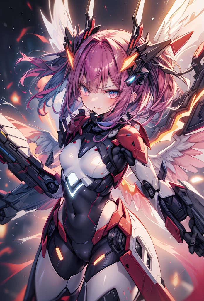 (masterpiece:1.2), best quality, high resolution, extremely detailed CG, absurdres, highres, 1girl, mecha girl, colorful light particles arounded, glitter, glowing wings, (((vivid color))), angry, smile, Colorful portraits