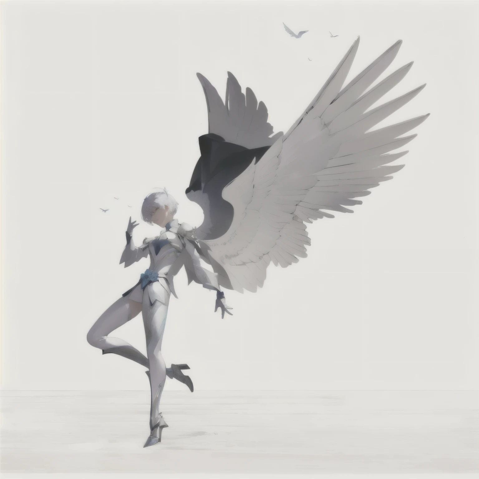 arafed image of a man With wings in a pose, With wings的 human, 3 / 4 view of woman With wings, With wings. Extremely detailed, Happy woman, Winged Armor Horn, young Happy-girl, epic angle and pose, Majestic Angel, Happy, With wings的, Tall male angel, ( Very detailed graphics )man,short hair