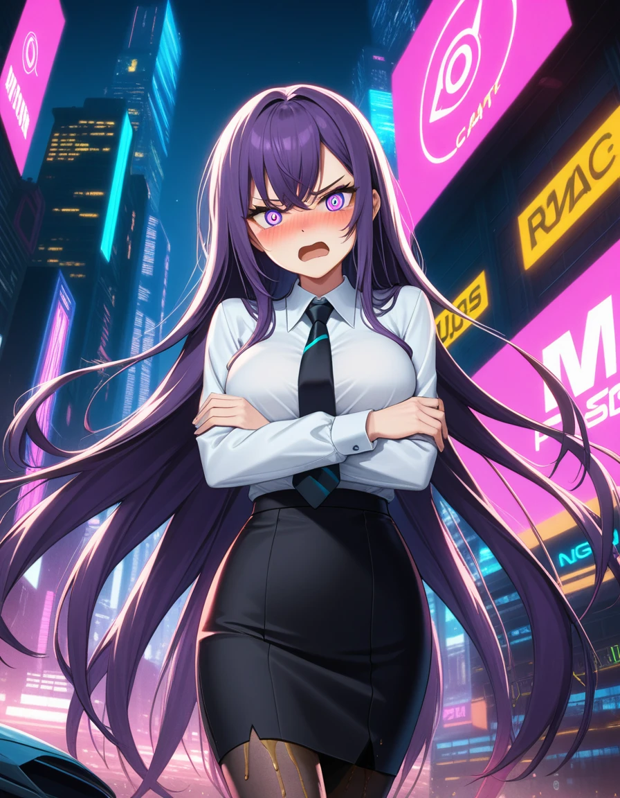(masterpiece:1.37), best quality, (extremely detailed:1.37), woman, mature, adult, large breasts, very long hair, (straight hair:1.5), dark purple hair, purple eyes, (extremely detailed eyes:1.37), business suit, necktie, (long pencil skirt:1.5), pantyhose, desperation, (wetting self:3.0), standing, embarrassed, humiliation, blushing, angry, city, futuristic, neon lighting, high-tech, street