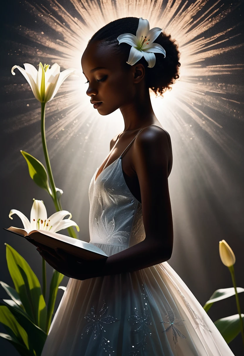 Create a detailed image of a book cover with the silhouette of a 15-year-old bald black girl in shadow, partially visible, with a flowing dress around her. Behind the silhouette, depict a huge, bright white lily flower emitting powerful magic. The background should be completely dark, highlighting the silhouette and the magic of the flower. The magic should be visualized as tiny, sparkling, ethereal particles, radiating energy and mystery. Sombrio, misterioso.