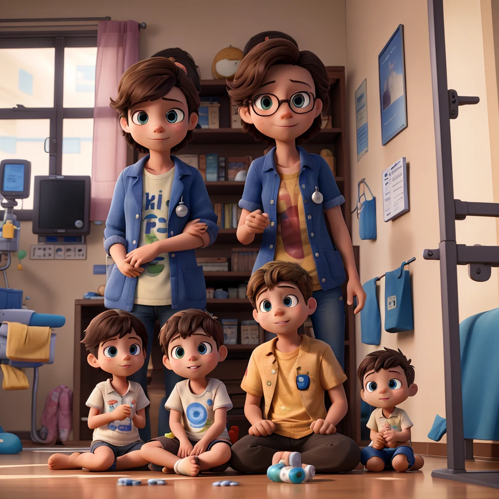 ((Best Quality)), ((Masterpiece)), (detailed), several children some playing, and others sitting in the hospital room with their parents. Elements like: insulin and diabetes monitoring devices being used and others placed on tables