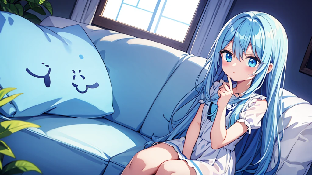 Light blue hair、Light blue eyes、Long Hair、cute、Sitting on the couch、laugh、Wearing a white dress、alone、Looking at me