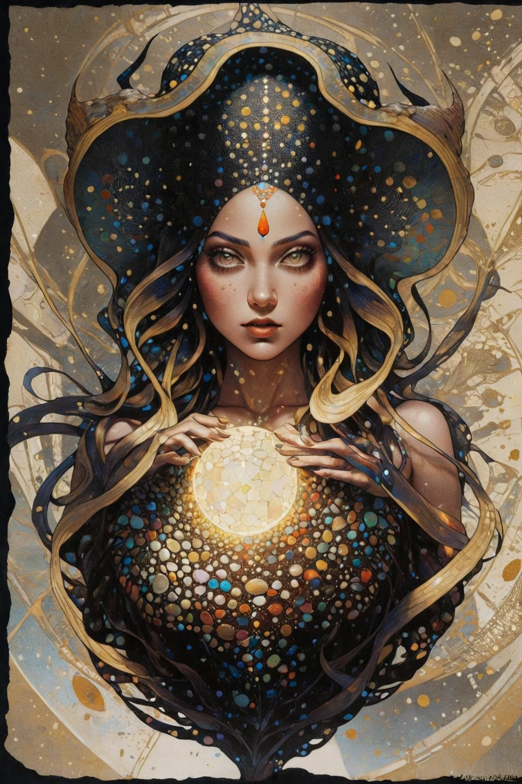 Pointillism style A RAW photograph of an otherworldly female alien creature by Katsuhiro Otomo and Makoto Shinkai and irving penn , bold lines, hyper detailed, dark limited palette, dramatic lighting, (intricate details, masterpiece, best quality:1.4),, art by Greg Rutkowski, Artgerm, WLOP, Alphonse, Beeple and Caravaggio, Lapidary of a Sisal-plated abysues magic LED lights float to cast light and shadow., Heidelberg School, F/5, multidimensional . Magical, evil, fantastical, futuristic, demonic, grunge style, highly detailed . Composed entirely of small, distinct dots of color, vibrant, highly detailed