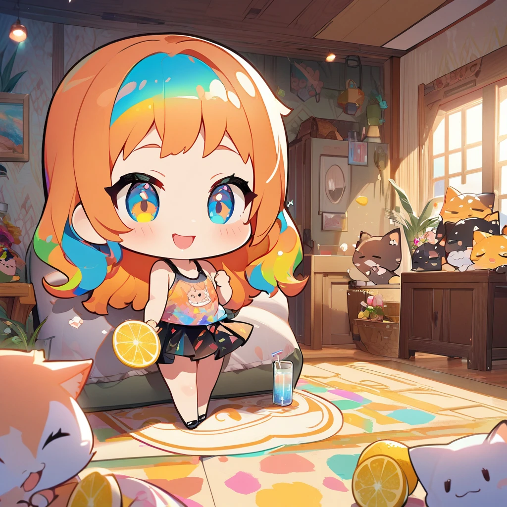 masterpiece、Highest quality、Depth of subject、2D illustration、1 beautiful girl、独奏, (((chibi style)))、Long, beautiful hair、Shiny orange hair、cute、Beautifully detailed eyes、((Tank top))、a glass of lemon soda, ((colorful))、mini skirt、((happy smile))、((kitten cluster)), ((full body shot))、((in the room))、((There's a lot of pink around))、Thighs、((vivid color))、sparkle、((Lens flare))、