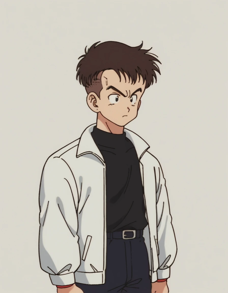 zPDXL, score_9, score_8_up, score_7_up, source_anime, 8k, absurdres, 1980s \(style\), retro artstyle, anime coloring, drgbls1, 1boy, black shirt, white jacket, black pants, sneaker, upper body, portrait, short undercut hair, dark brown hair, cool shape guy, shredded body
