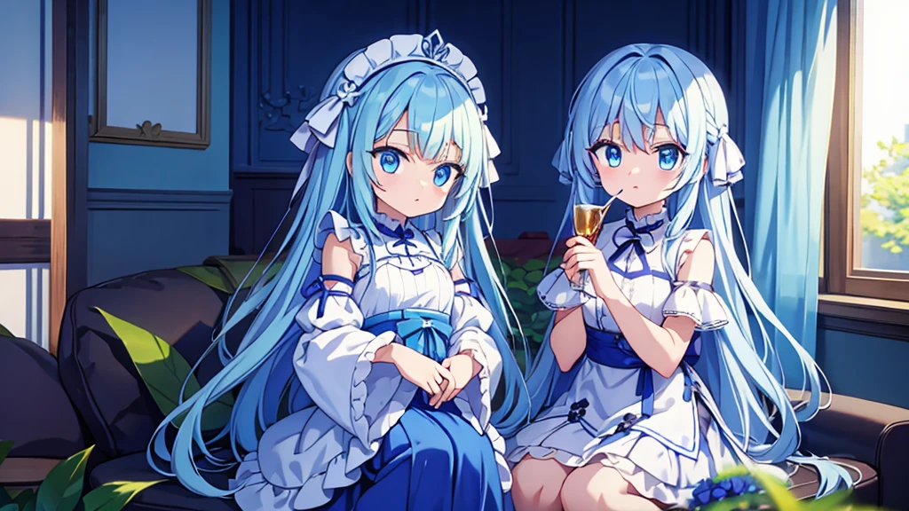 Light blue hair、Light blue eyes、Long Hair、cute、Sitting on the couch、laugh、Wearing a white dress、alone、Looking at me、Face is close