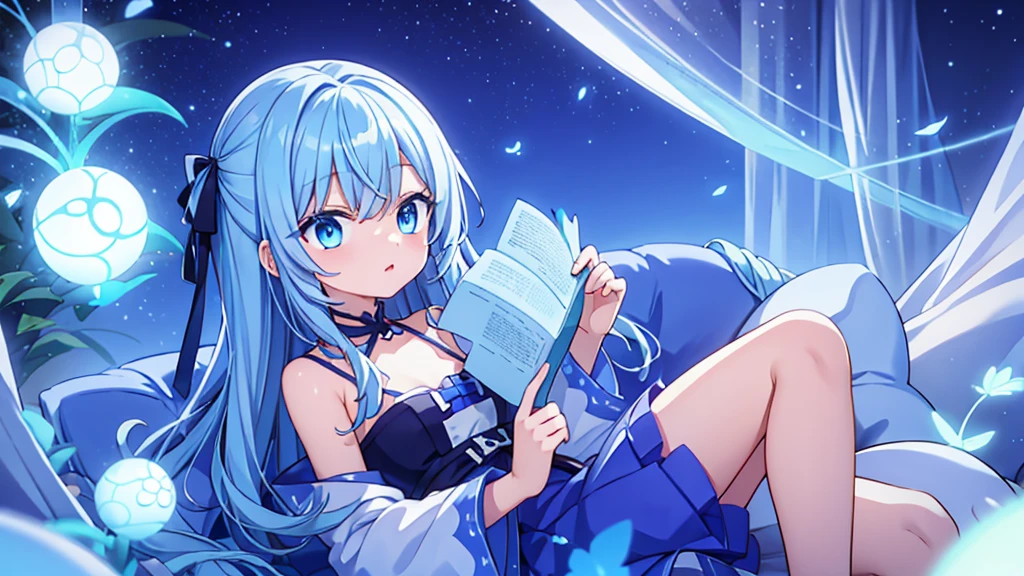 Light blue hair、Light blue eyes、Long Hair、cute、Sitting on the couch、laugh、Wearing a white dress、alone、Looking at me、Face is close