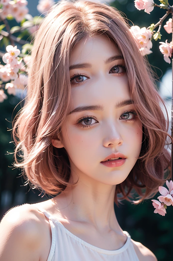 Light pink hair, pink eyes, pink and white, sakura leafs, vivid colors, white dress, paint splash, simple background, ray tracing, wavy hair