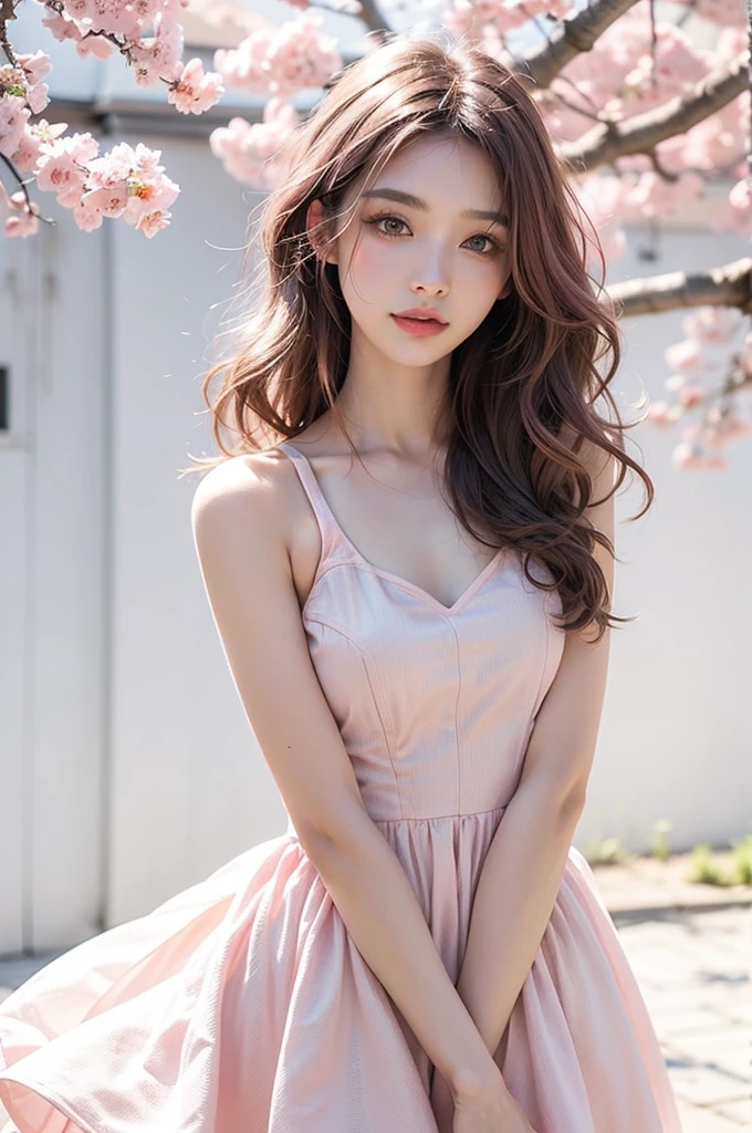Light pink hair, pink eyes, pink and white, sakura leafs, vivid colors, white dress, paint splash, simple background, ray tracing, wavy hair