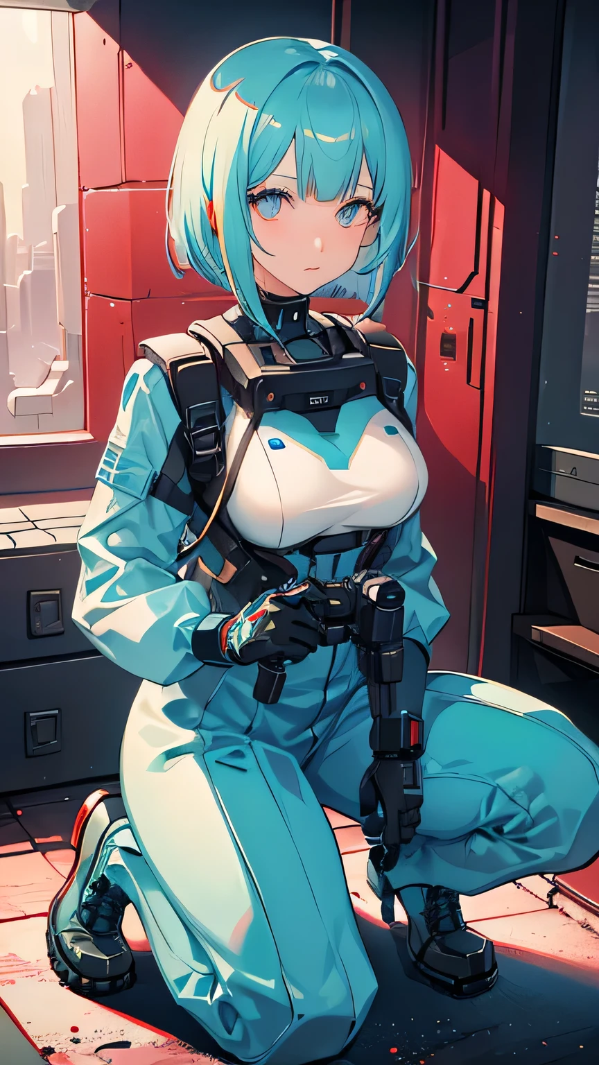 light blue hair, blunt bangs, bob cut, goggles on head, multicolored eyes, makeup, disgust, backlighting, masterpiece, accurate, super detail, award winning, highres, best quality, 8k, Cyberpunk, the world of science fiction movies, A Martian city in the year 2500, an android woman wearing a mechanic suit, background(Starry sky, meteor), Get down on one knee,