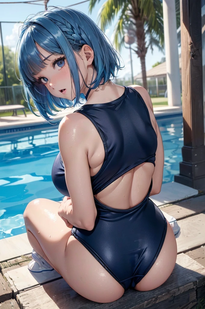Absurd, Super detailedな,(In 8K:1.3),Masseter muscle area,(masterpiece:1.2)、(Highest quality)、4K、Super detailed、(Movement Structure:1.4)、(Shining Lights), High resolution, Best Quality、(One girl:1.4),Super detailedな,Bright colors、Treebreak Production Art,High-level image quality、Fine image quality、Intricate details,Volumetric Lighting,Realism BREAK、Profile、 Idol face、、Very beautiful face and eyes, Beautiful images、 natural make up、puffy eyes、catchlight eyes、deep detailed eyes、 (Big Tits)、(glossy skin :1.5), (Light blue hair,short hair、blunt bangs:1.2)、 (orgasm face)、 (A school swimsuit with a vivid texture:1.3)、(Breast bag)、 (School poolside),(Baby Face:1.2)、squatting、(shoot from behind)、nice butt