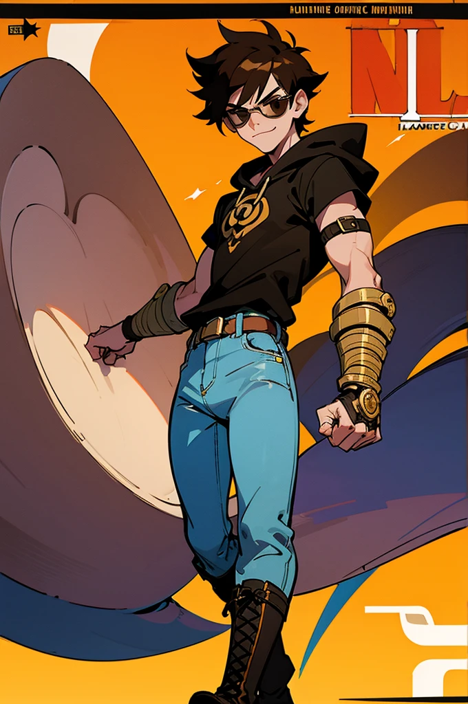 ((illustration)), (best quality)), ((masterpiece)), (detailed), ((road)) comic cover, age, boy, dark hair, brown eyes, muscular, shirt, black hoodie, jeans, combat boots, sunglass, smirking, solo, gauntlet, day, stylish,